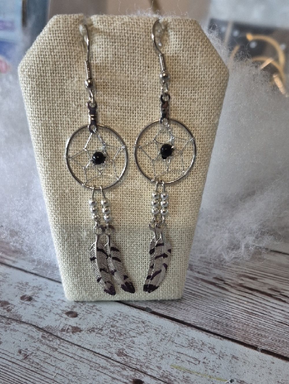 Silver Tone  Dreamcatcher Feather Drop Earrings